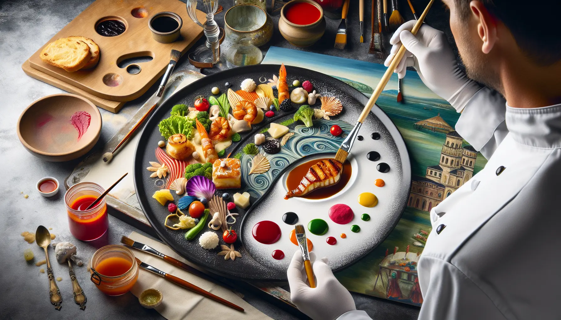 Un piatto artistico con ingredienti freschi e colorati, rappresentante il legame tra cibo e arte.