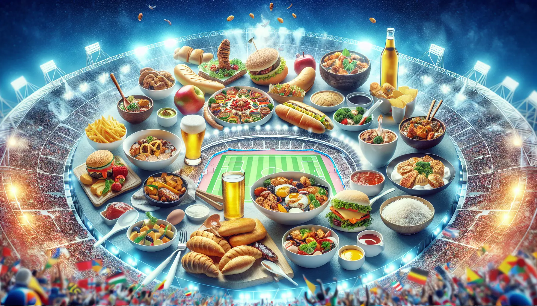 Un banchetto con piatti tipici di diverse nazioni durante un evento sportivo internazionale.