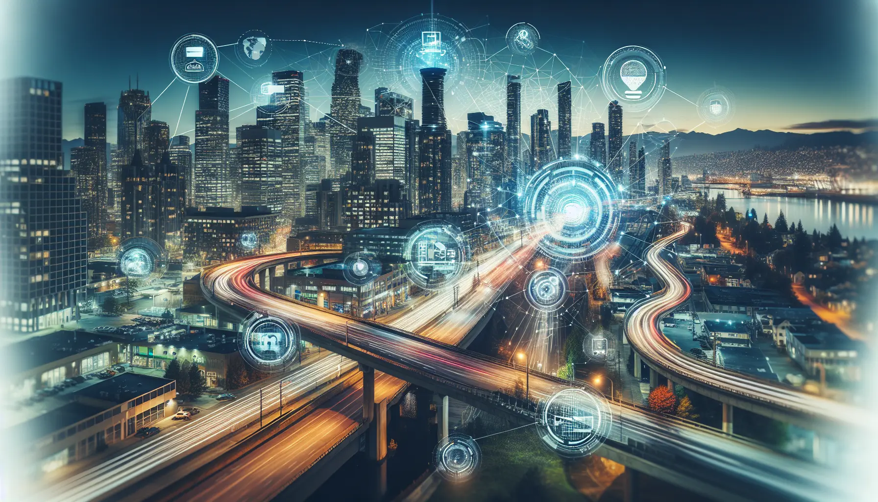 Un'immagine di una città moderna con telecamere di sorveglianza intelligenti e cittadini che interagiscono in sicurezza.