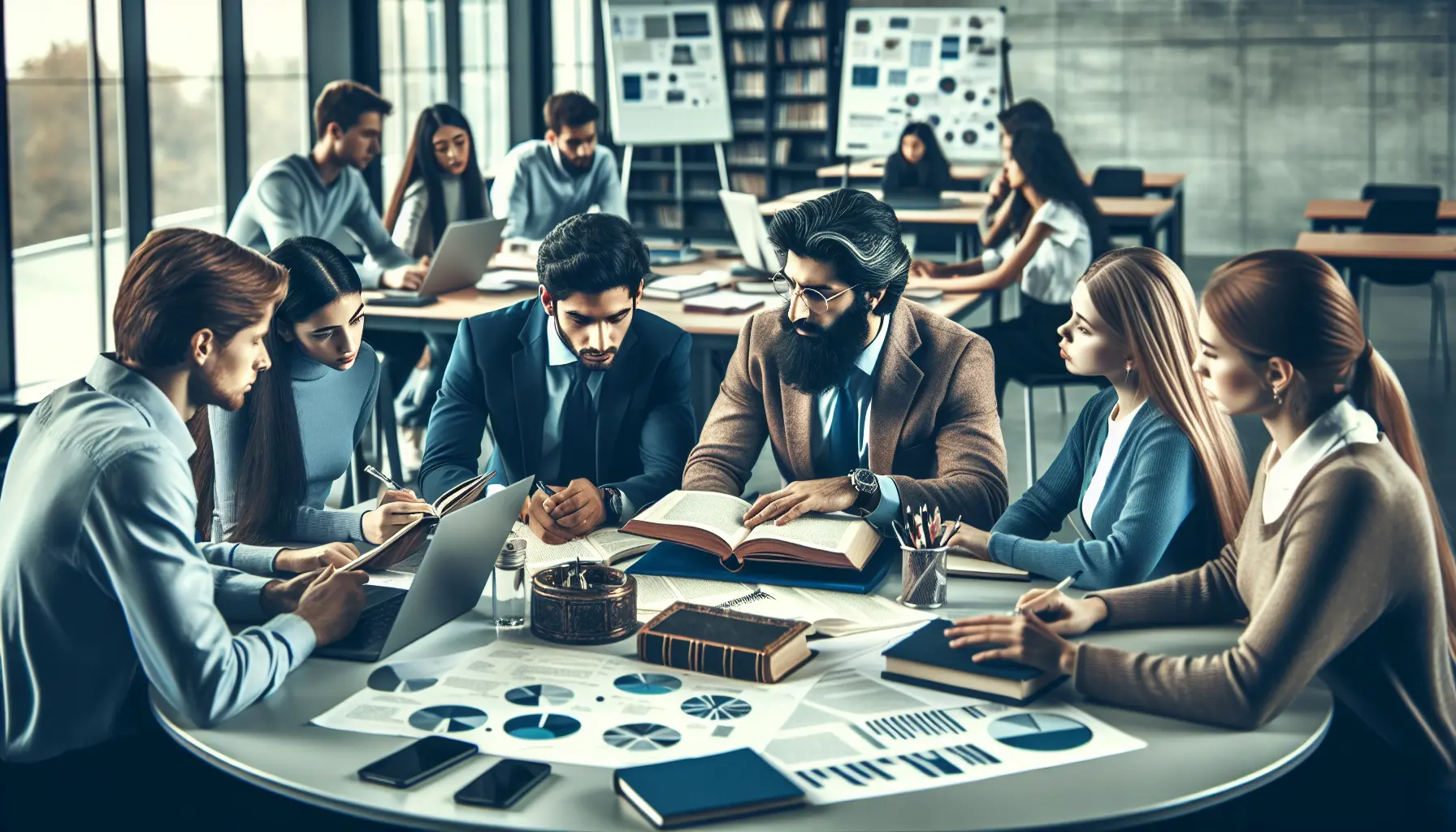 Un gruppo di studenti impegnati in una discussione critica, circondati da libri e appunti.