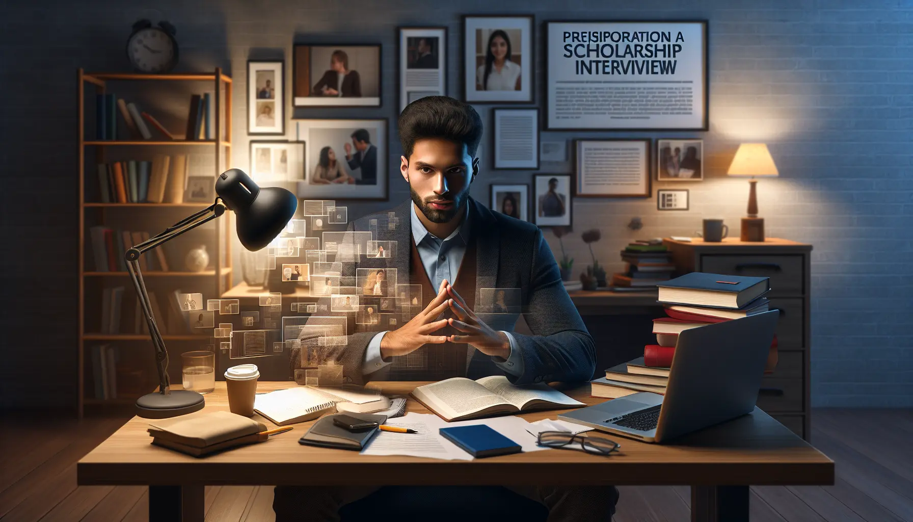 Un ragazzo sorridente che si prepara per un colloquio, con appunti e materiale di studio sul tavolo.