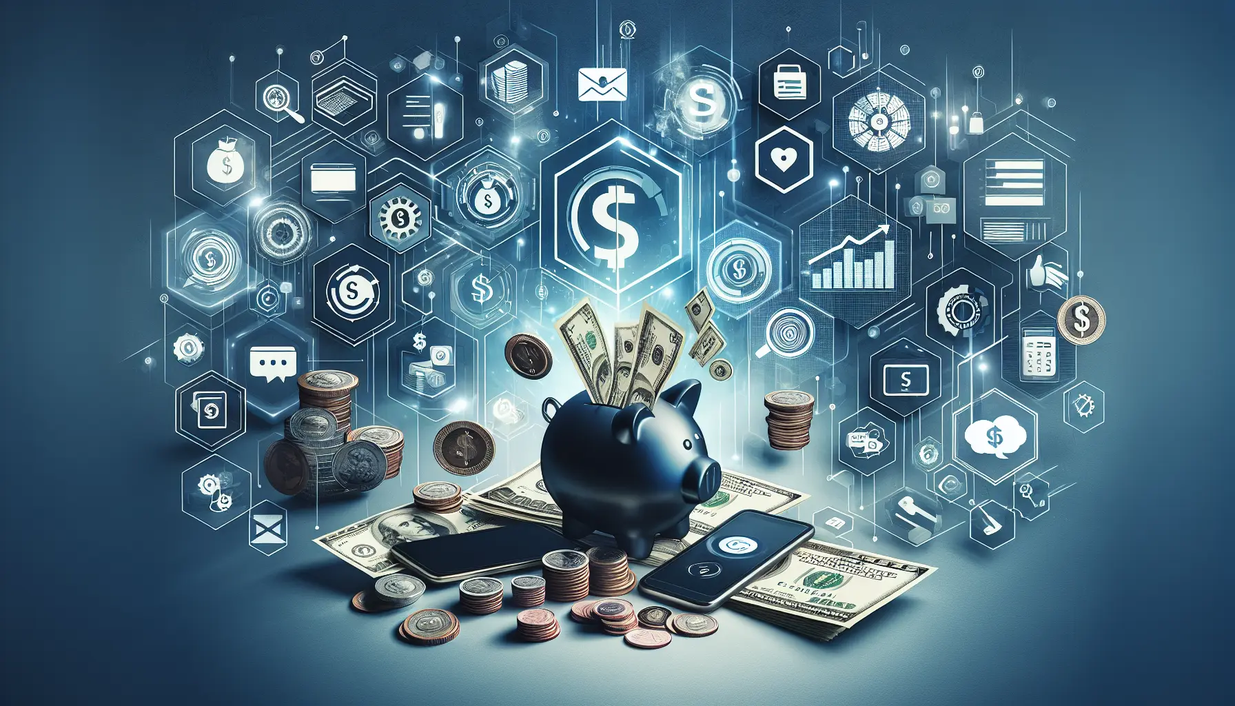 Un'immagine che rappresenta la tecnologia e la gestione delle finanze personali, con grafici e dispositivi digitali.