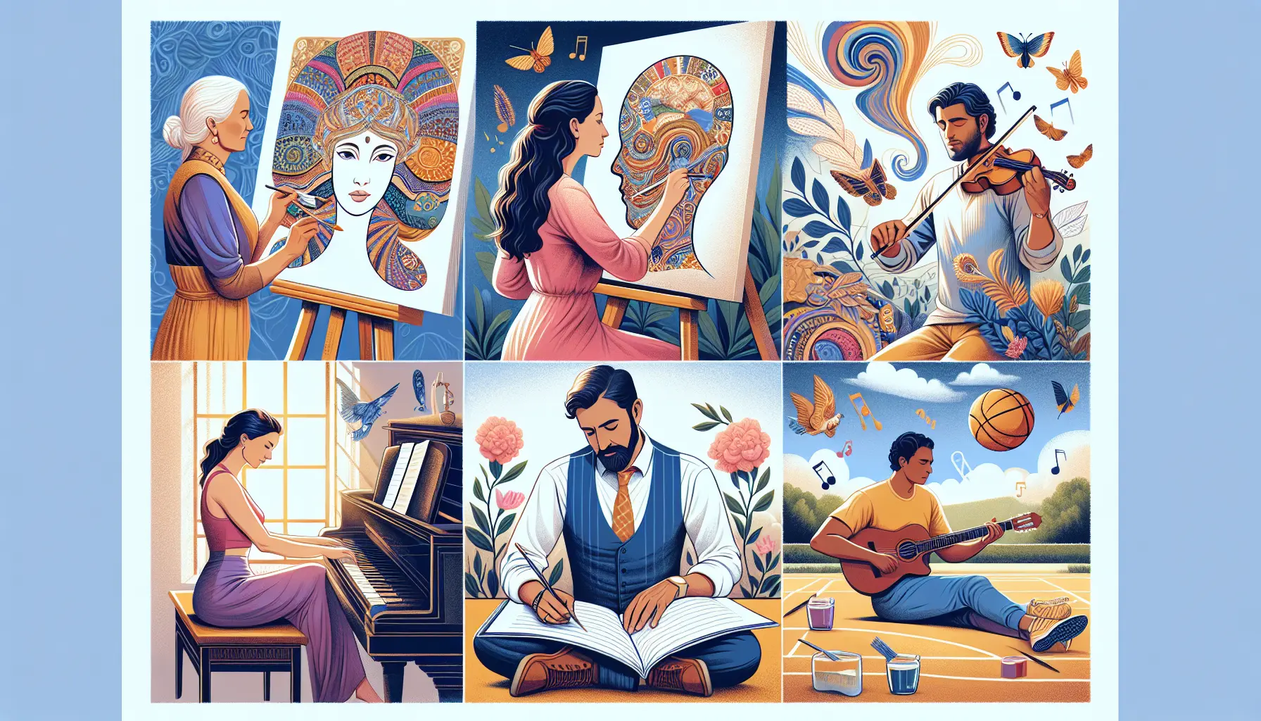 Un gruppo di persone che partecipano a un laboratorio di arte, esprimendo la loro creatività attraverso la pittura e il disegno.