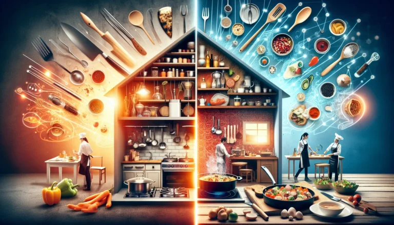 Un cuoco professionista prepara un piatto innovativo in un ristorante moderno, circondato da attrezzature avanzate.