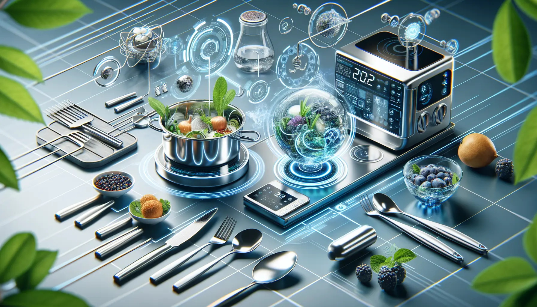 Un piatto gourmet innovativo che rappresenta la fusione tra tecnologia e cucina tradizionale.