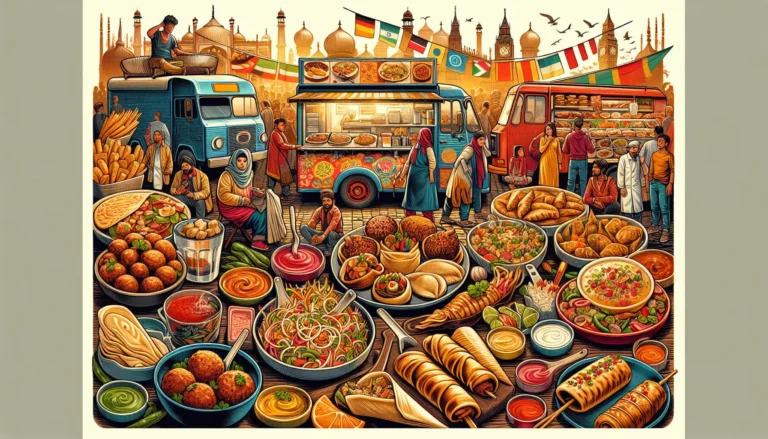 Un venditore di street food che prepara piatti colorati e profumati in un mercato affollato.