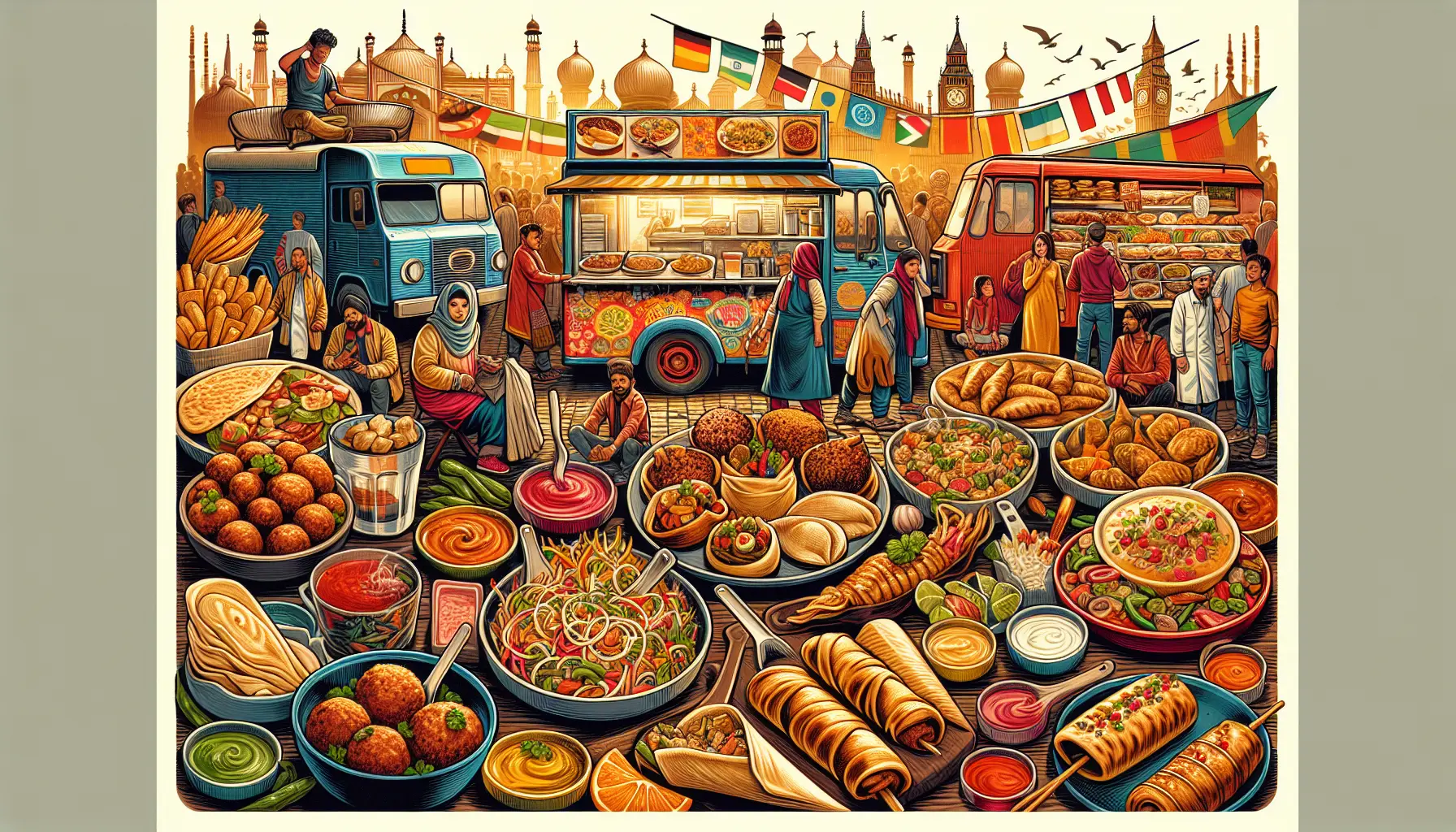 Un venditore di street food che prepara piatti colorati e profumati in un mercato affollato.