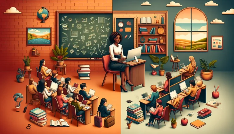 Un insegnante che interagisce con studenti in aula, mentre un gruppo di persone studia online con laptop e tablet.