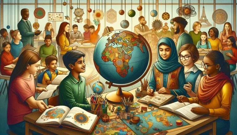 Un gruppo di studenti di diverse culture che interagiscono e condividono esperienze in un ambiente di apprendimento inclusivo.