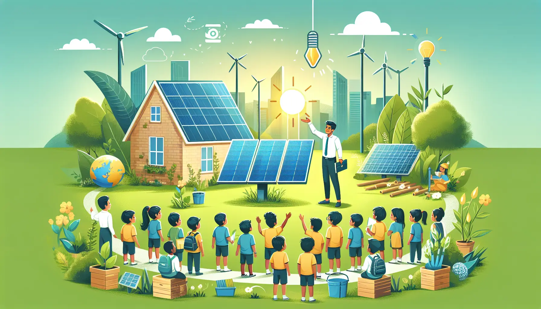 Un gruppo di studenti impegnati in un laboratorio di energie rinnovabili, mentre apprendono a installare pannelli solari.