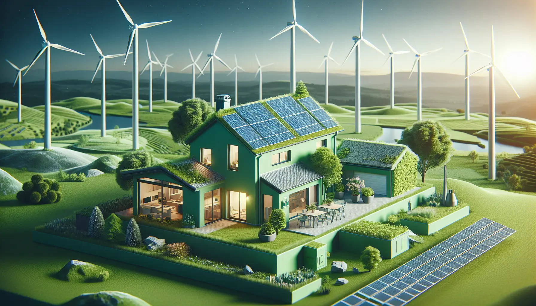 Pannelli solari e turbine eoliche in un paesaggio verde e luminoso.