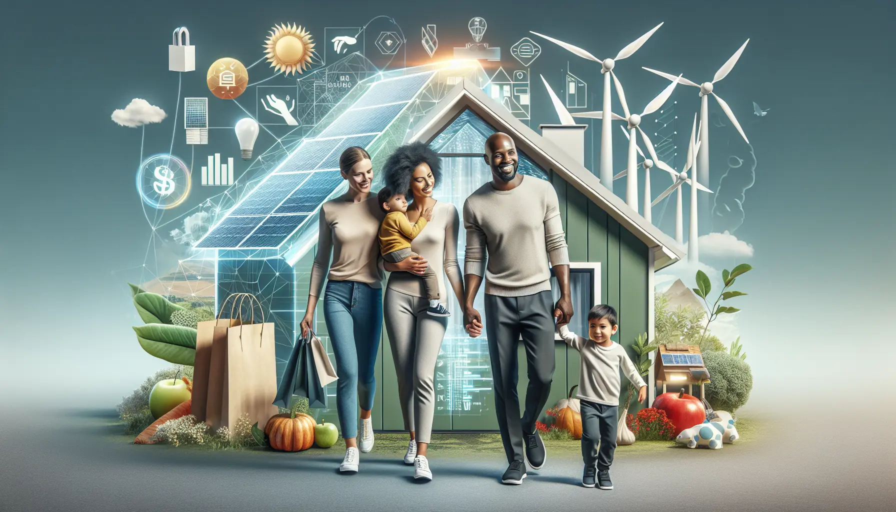 Una famiglia felice sotto un tetto con pannelli solari, simbolo di un futuro sostenibile.