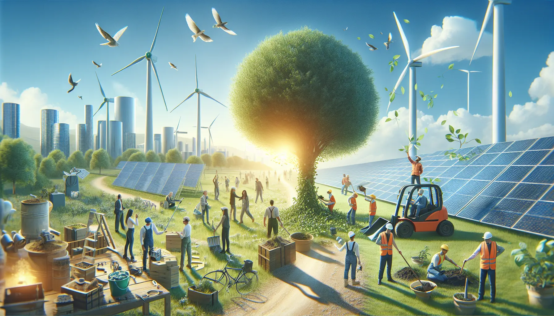 Un paesaggio con turbine eoliche e pannelli solari che simboleggiano l'energia rinnovabile.