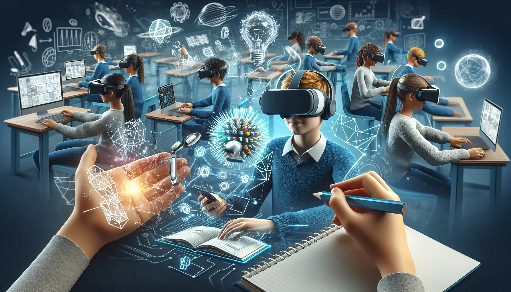 Studente che utilizza un visore di realtà virtuale per un'esperienza educativa immersiva