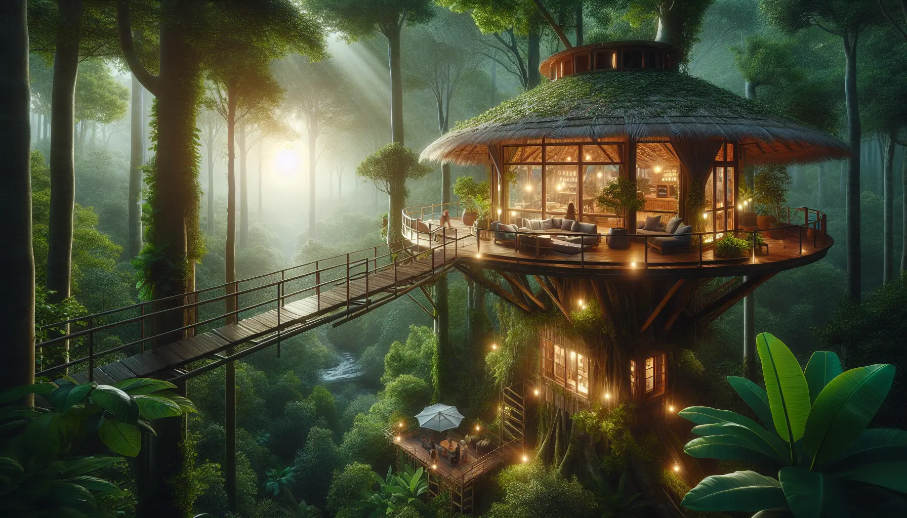 Una casa sugli alberi immersa nella natura, con vista panoramica su una foresta verdeggiante.