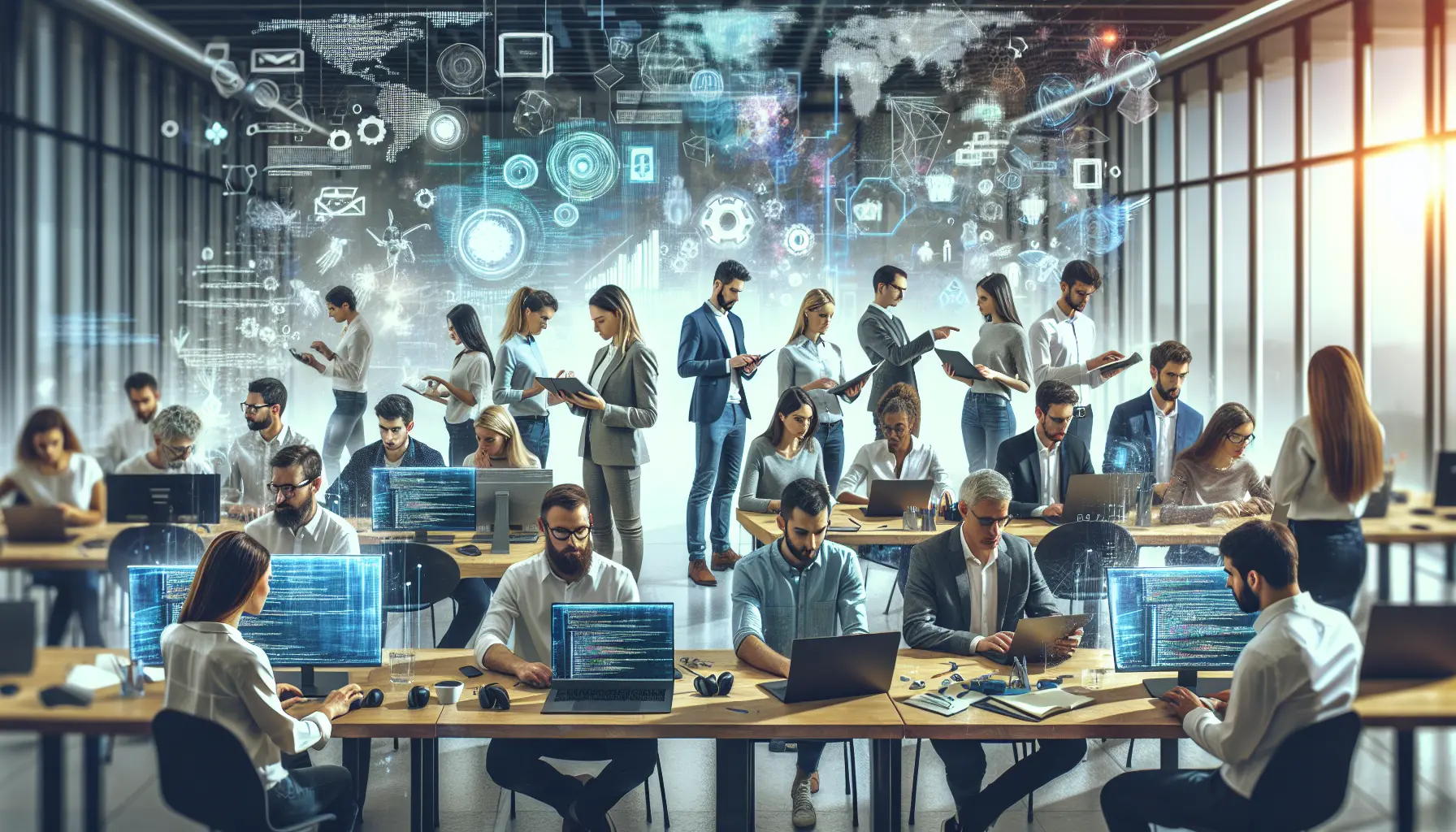 Un gruppo di professionisti in un ambiente di lavoro moderno, impegnati in una sessione di formazione tecnologica.