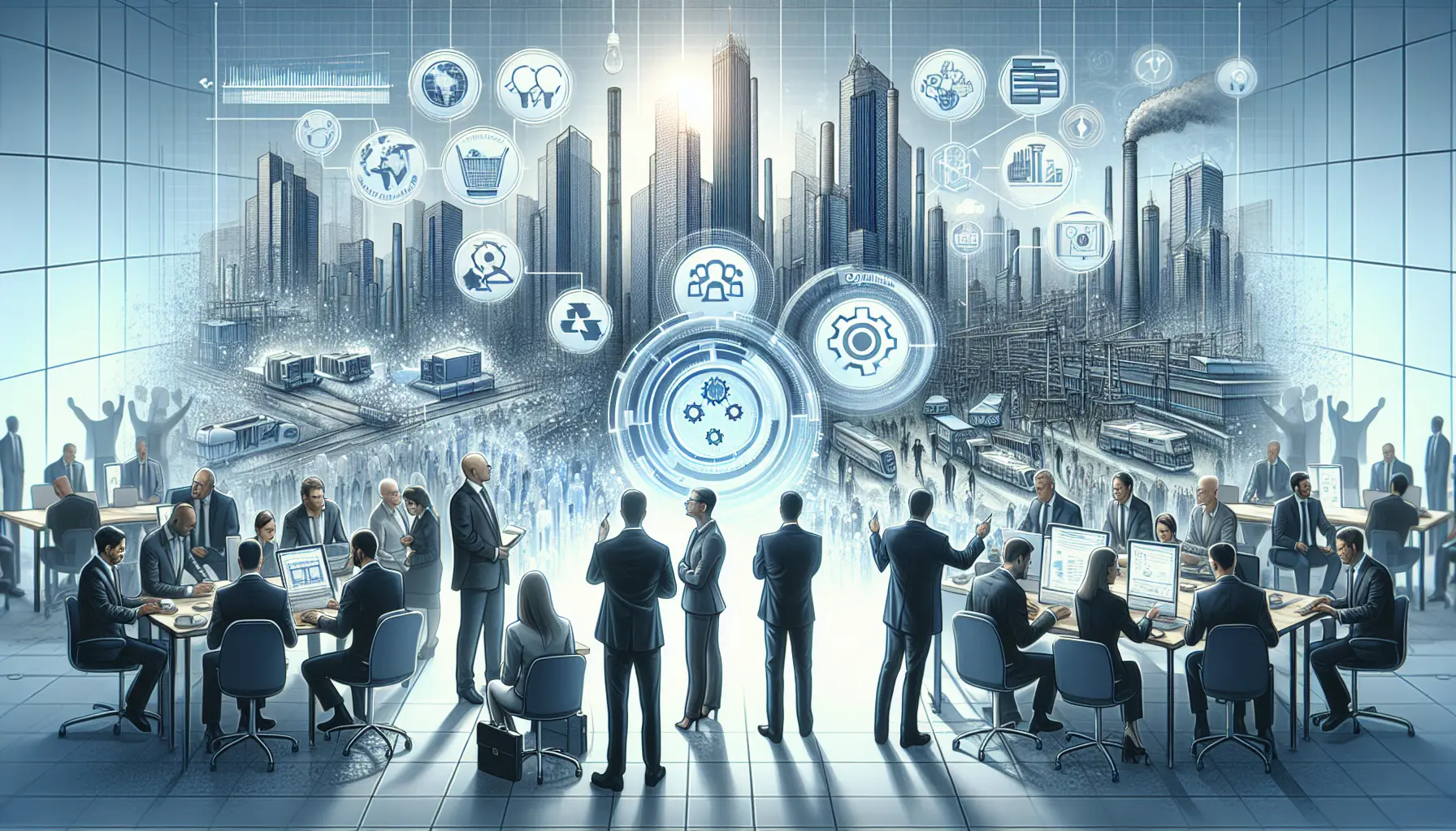Rappresentazione grafica di un gemello digitale che simula un processo industriale e urbano.