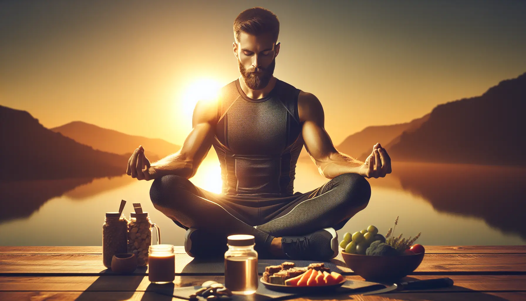 Sportivo che medita in un parco tranquillo, rappresentando il concetto di gestione dello stress e benessere.