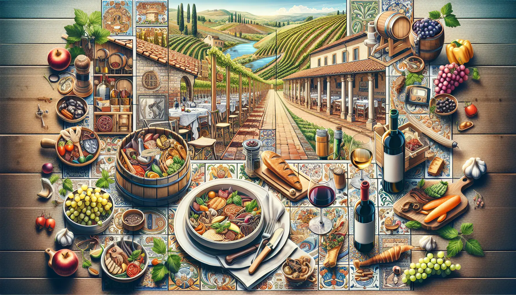 Un piatto tipico italiano con vino e ingredienti freschi, rappresentativo della tradizione culinaria italiana.