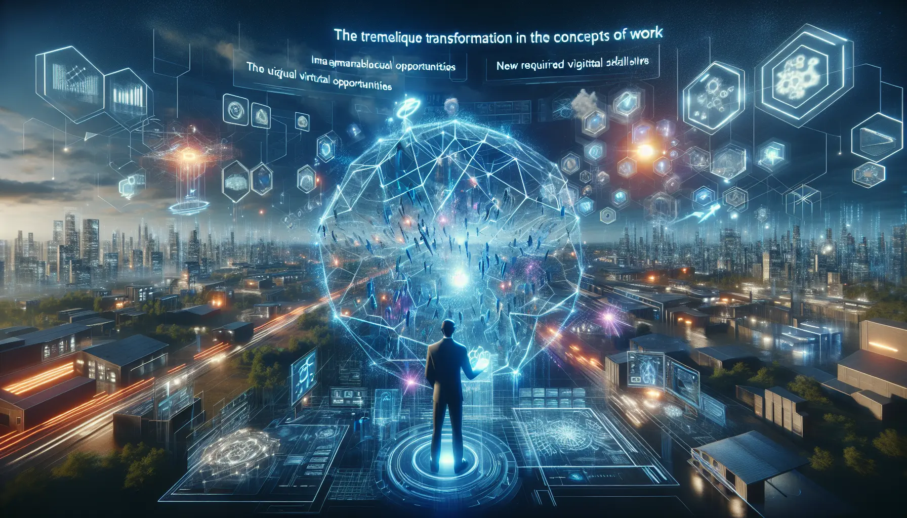 Un'immagine che rappresenta un ambiente di lavoro virtuale nel metaverso, con avatar che collaborano in uno spazio digitale immersivo.