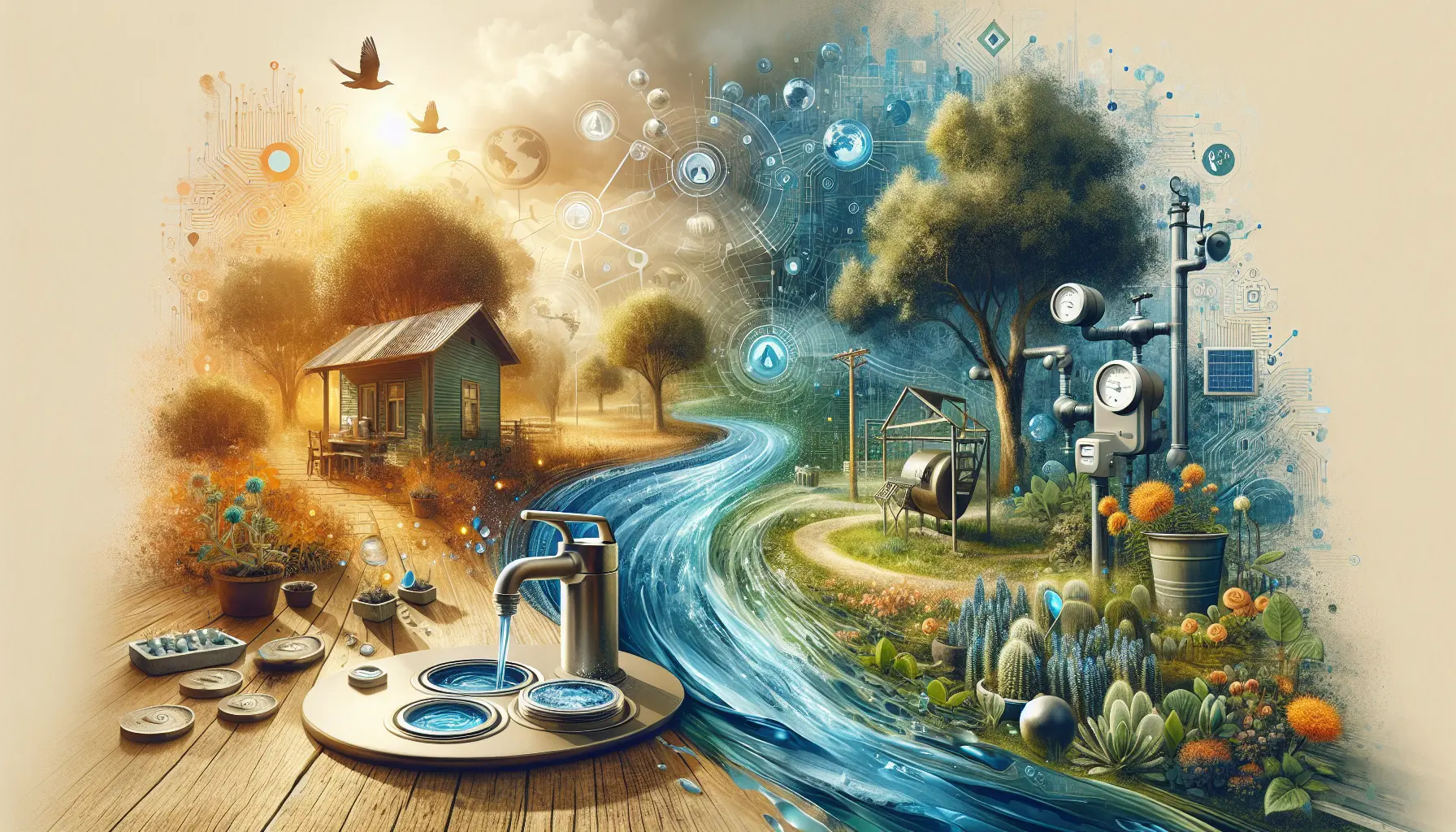 Un'immagine di gocce d'acqua che cadono su un fondo verde, simboleggiando la preservazione delle risorse idriche e la sostenibilità ambientale.