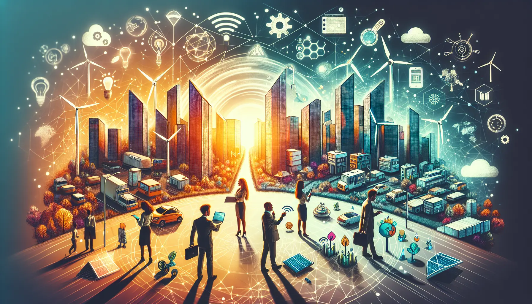 Rappresentazione visiva dell'energia wireless con dispositivi elettronici che si ricaricano senza cavi.