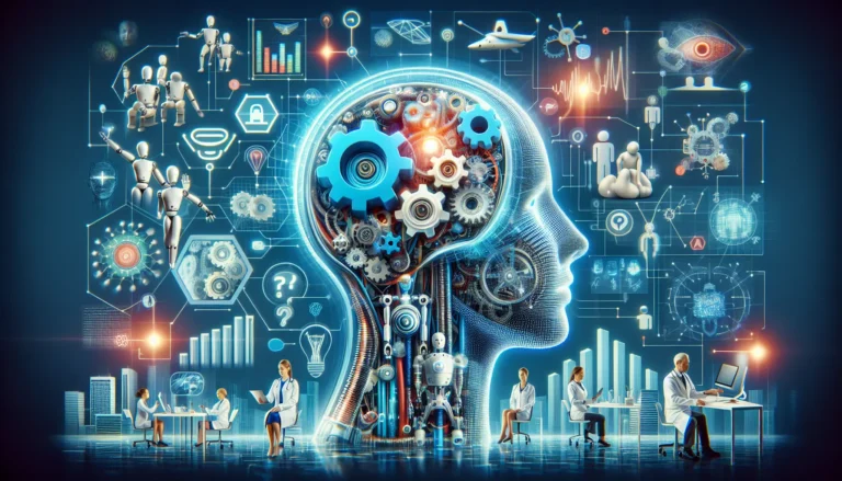 Illustrazione del concetto di intelligenza artificiale con circuiti e immagini di persone che interagiscono con macchine.