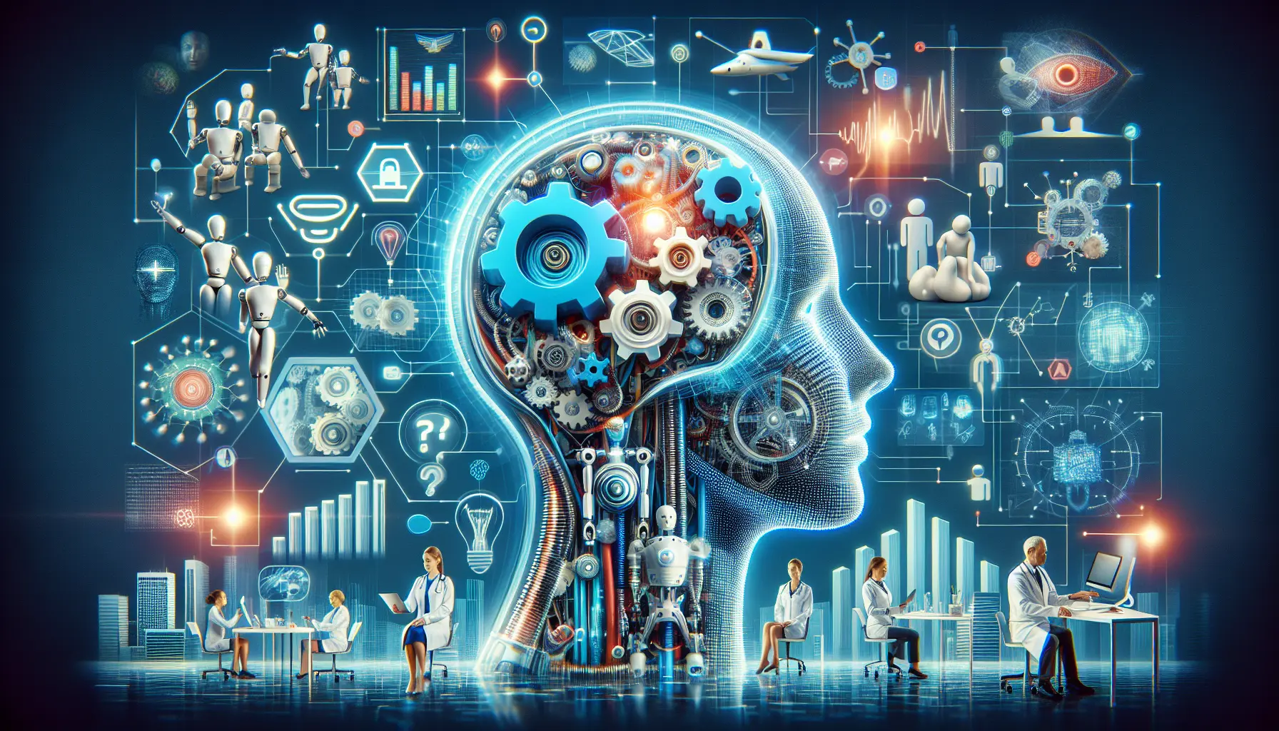 Illustrazione del concetto di intelligenza artificiale con circuiti e immagini di persone che interagiscono con macchine.