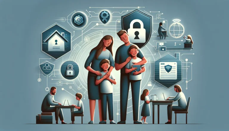 I bambini utilizzano dispositivi digitali in un ambiente sicuro, circondati da strumenti di intelligenza artificiale per proteggere la loro privacy.