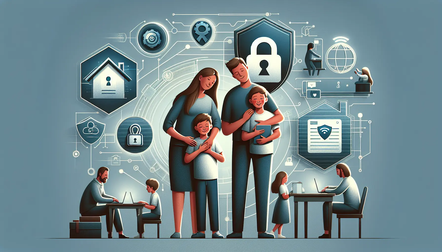 I bambini utilizzano dispositivi digitali in un ambiente sicuro, circondati da strumenti di intelligenza artificiale per proteggere la loro privacy.