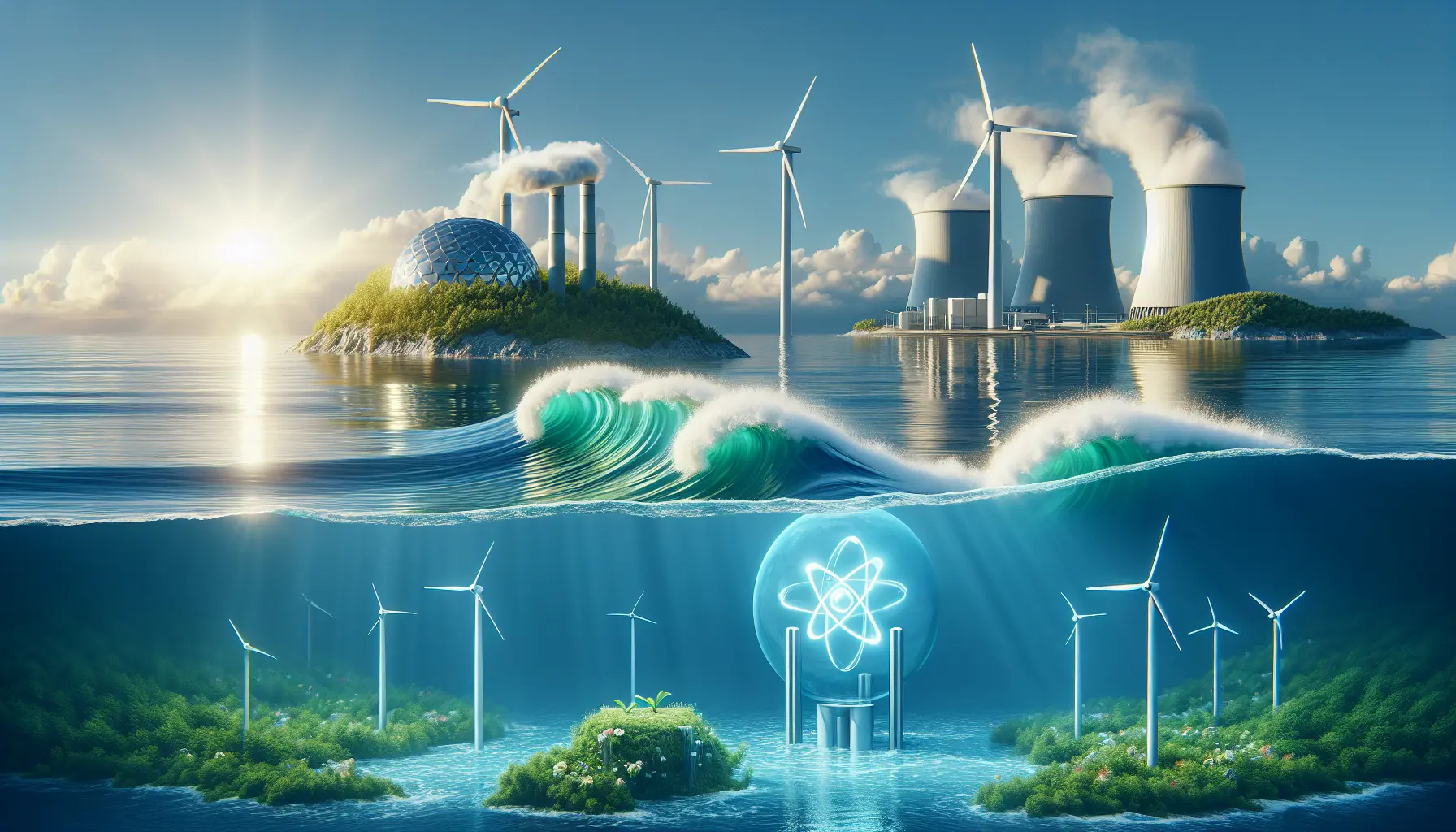 Rappresentazione visiva delle energie rinnovabili, con pannelli solari e turbine eoliche in un paesaggio naturale.