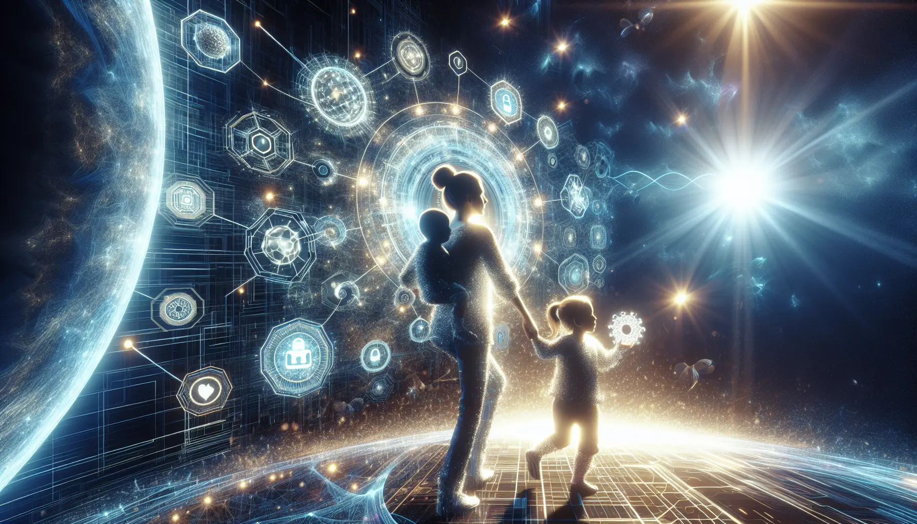 Un'immagine che rappresenta il concetto di tecnologie quantistiche e sicurezza online, con simboli digitali e un lucchetto che simboleggia la protezione delle informazioni.