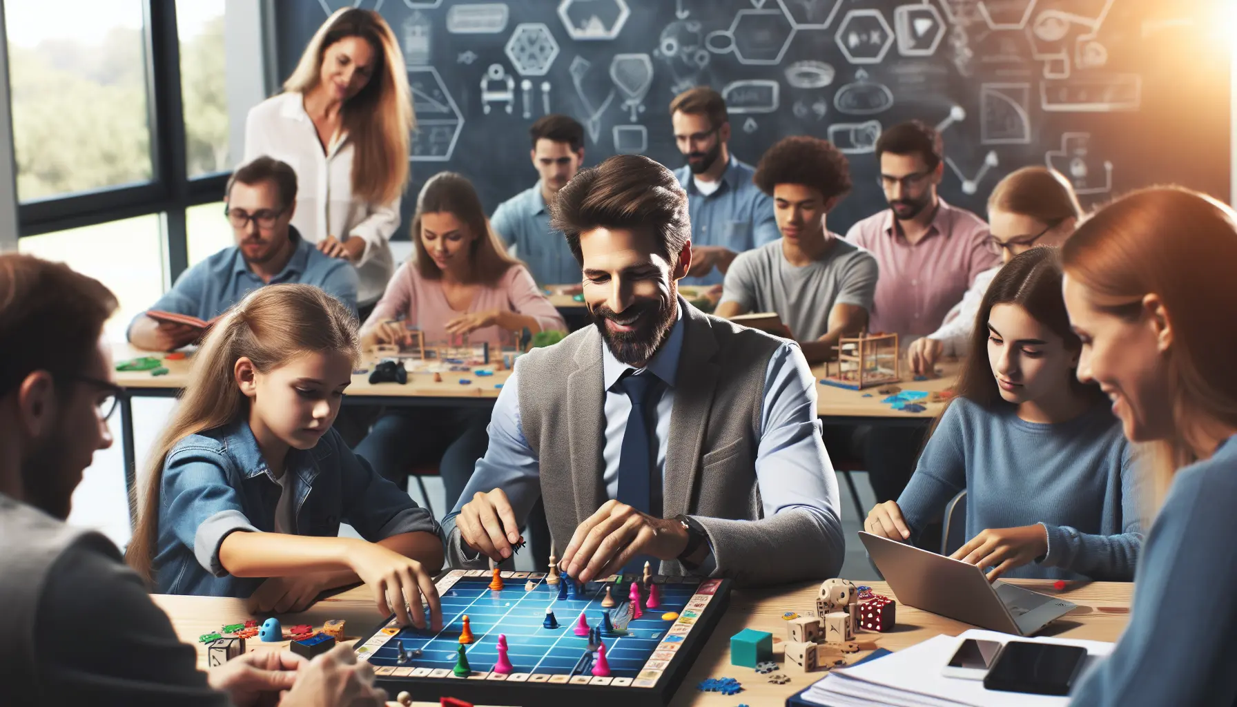 Un gruppo di studenti universitari che giocano a un gioco da tavolo durante una pausa dallo studio.