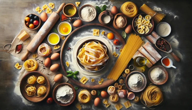 Un piatto di pasta fatta in casa con sugo di pomodoro fresco e basilico, servito su un tavolo di legno rustico.