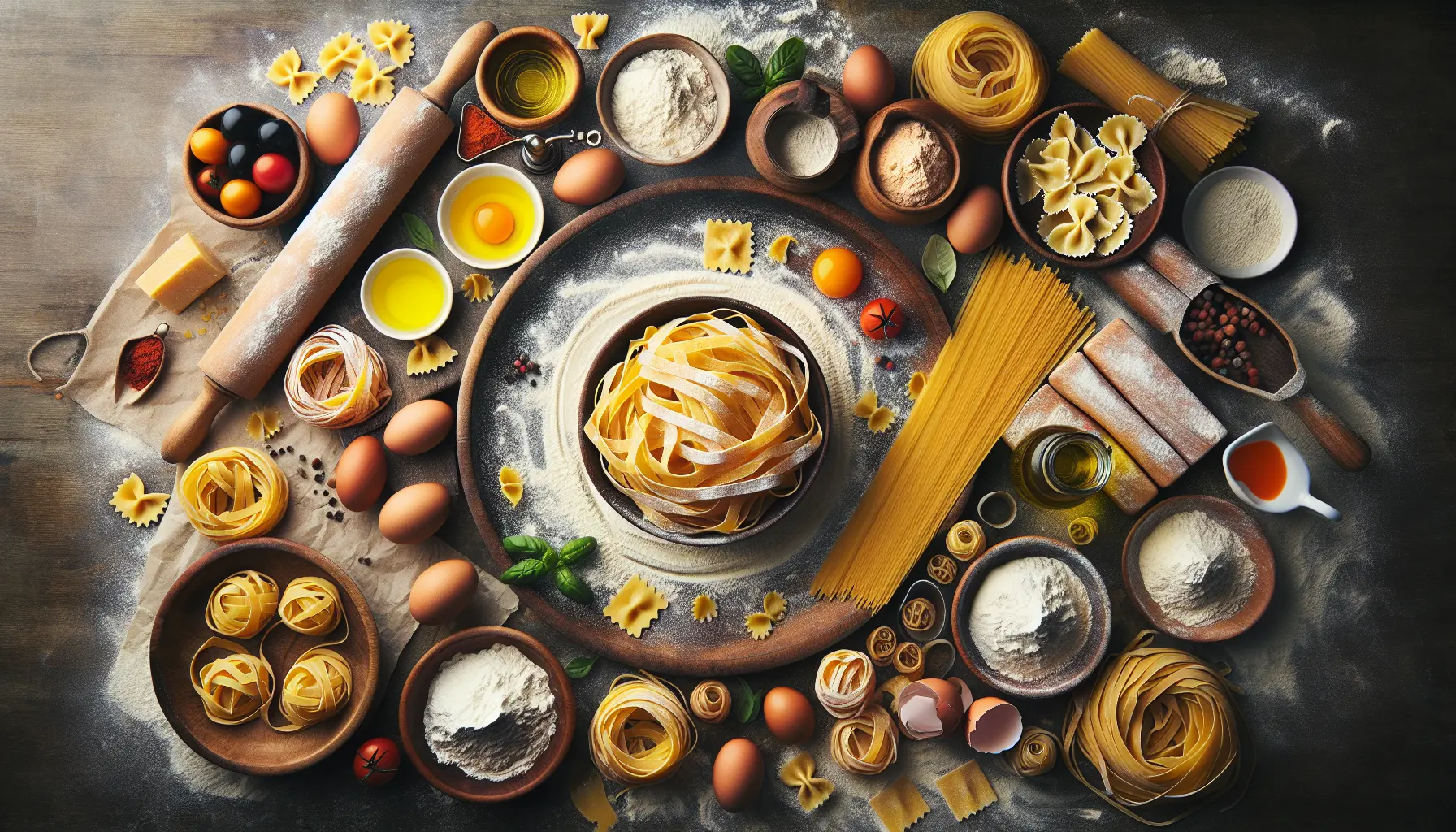 Un piatto di pasta fatta in casa con sugo di pomodoro fresco e basilico, servito su un tavolo di legno rustico.
