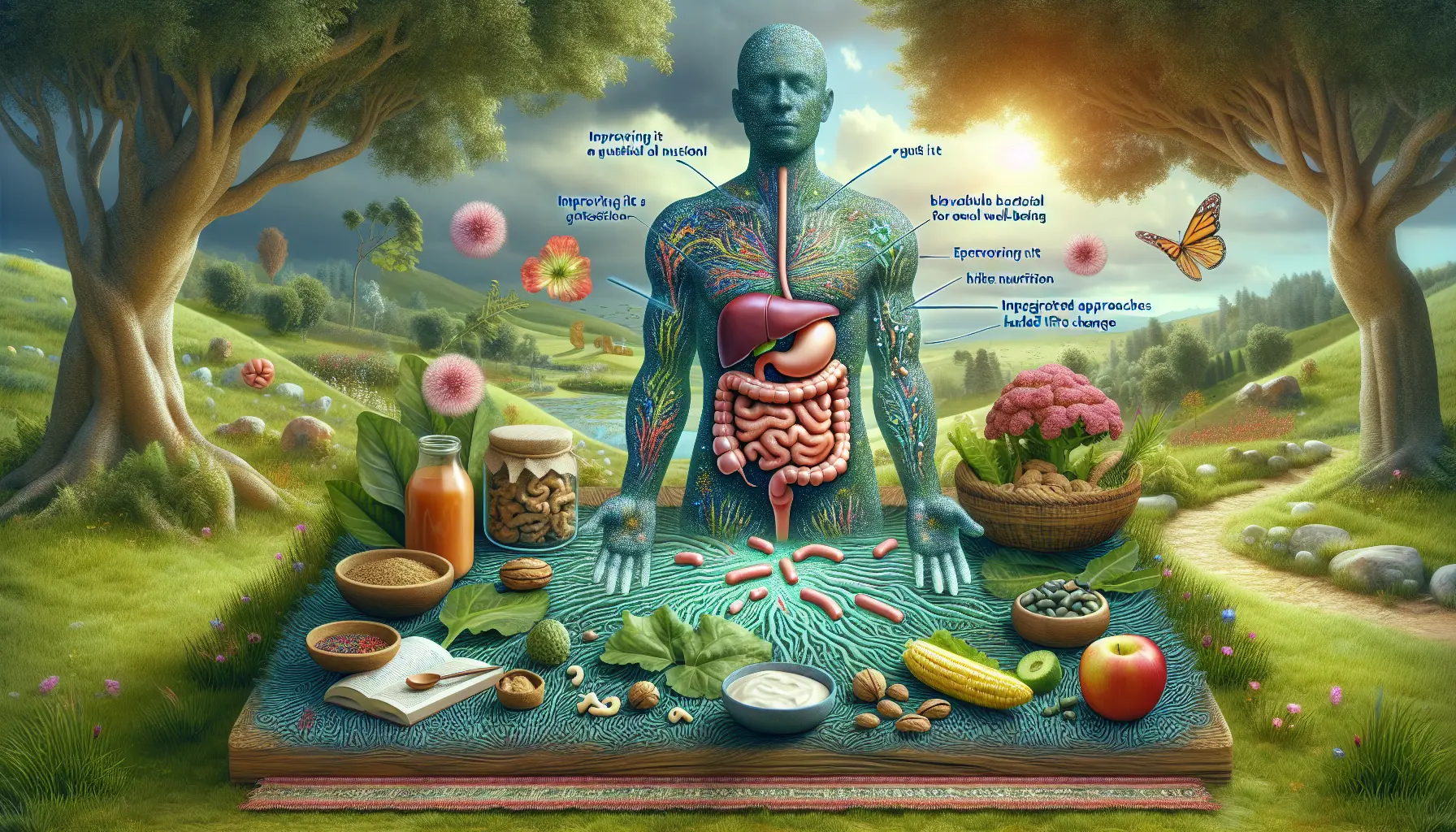 Illustrazione che rappresenta il microbioma intestinale e il suo impatto sulla salute mentale.