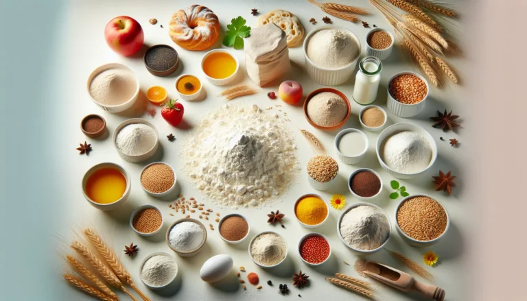 Varie tipologie di farine in sacchetti colorati su un tavolo di legno