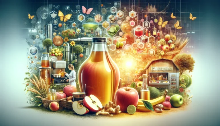 Una bottiglia di aceto di mele circondata da mele fresche e foglie verdi, rappresentando i benefici e l'uso del prodotto nella salute e nella cucina.