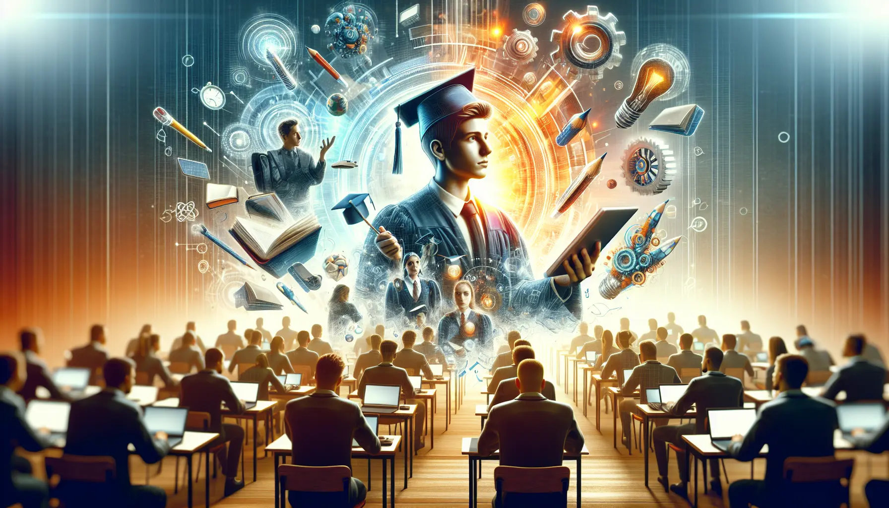 Studente universitario che utilizza un laptop per apprendere in un ambiente moderno e stimolante