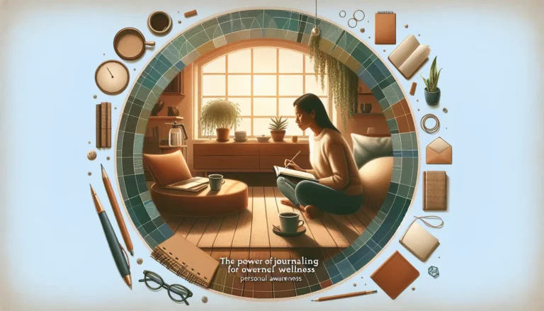 Una persona che scrive in un diario, circondata da un ambiente tranquillo e ispiratore.