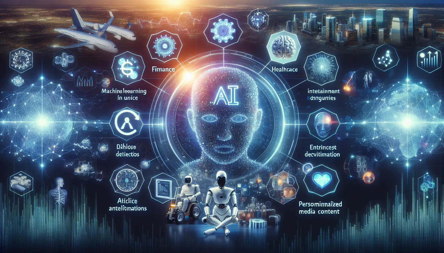 Rappresentazione grafica del machine learning applicato a vari settori come finanza, salute e intrattenimento.