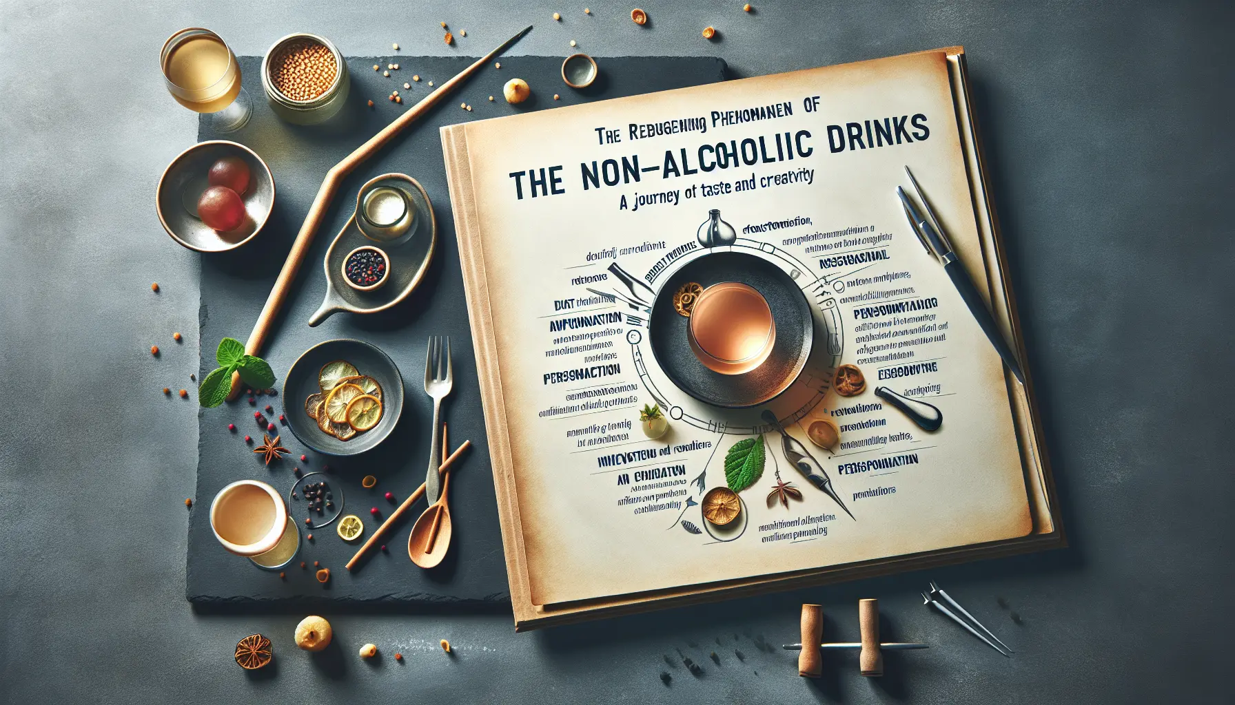 Un raffinato drink analcolico decorato con ingredienti freschi e colorati, rappresentativo delle nuove tendenze in mixology.