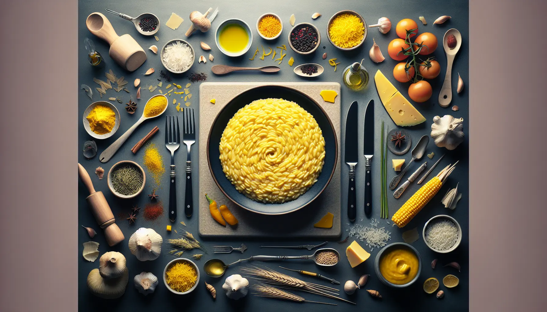 Un piatto di risotto alla milanese con zafferano, servito in un elegante piatto bianco, decorato con una spolverata di Parmigiano e un rametto di prezzemolo.