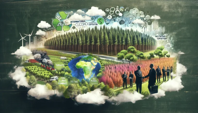 Foresta verde lussureggiante con alberi alti e biodiversità, simbolo della lotta contro il cambiamento climatico.