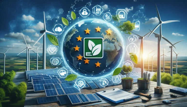 Un'immagine rappresentativa di un marchio ecologico su un prodotto sostenibile, simbolo di responsabilità ambientale.