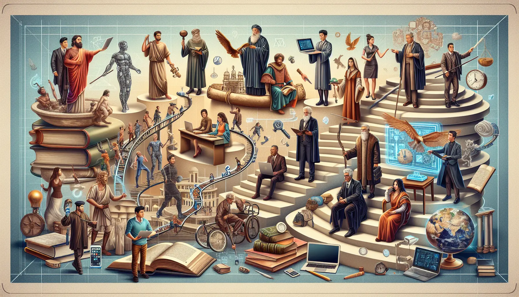 Biblioteca antica con libri e pergameni che rappresentano la conoscenza nel tempo