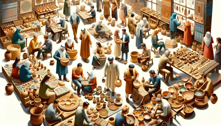 Artigiano al lavoro in una bottega tradizionale, circondato da materiali e strumenti, mentre crea un pezzo unico di artigianato.