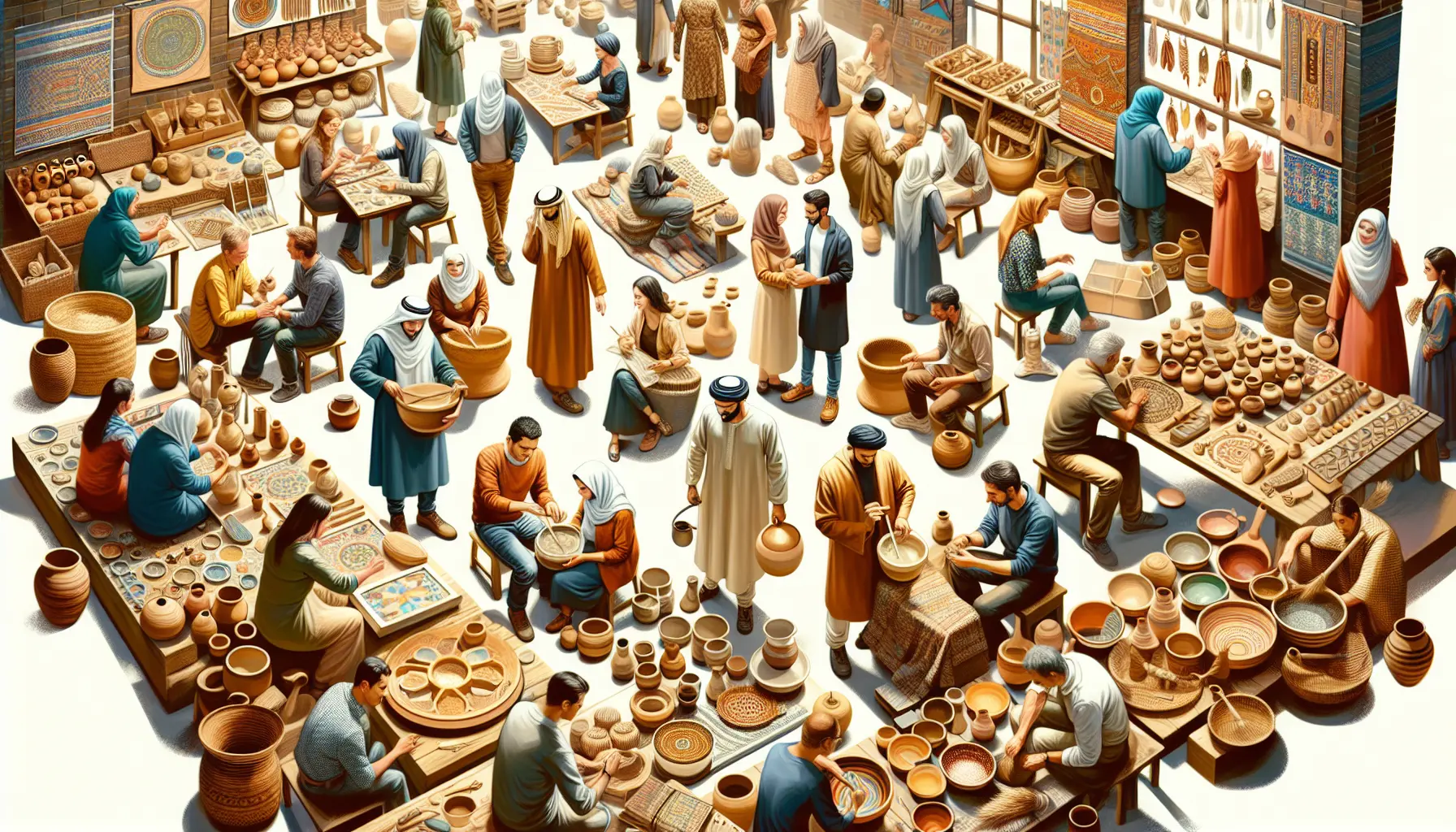 Artigiano al lavoro in una bottega tradizionale, circondato da materiali e strumenti, mentre crea un pezzo unico di artigianato.