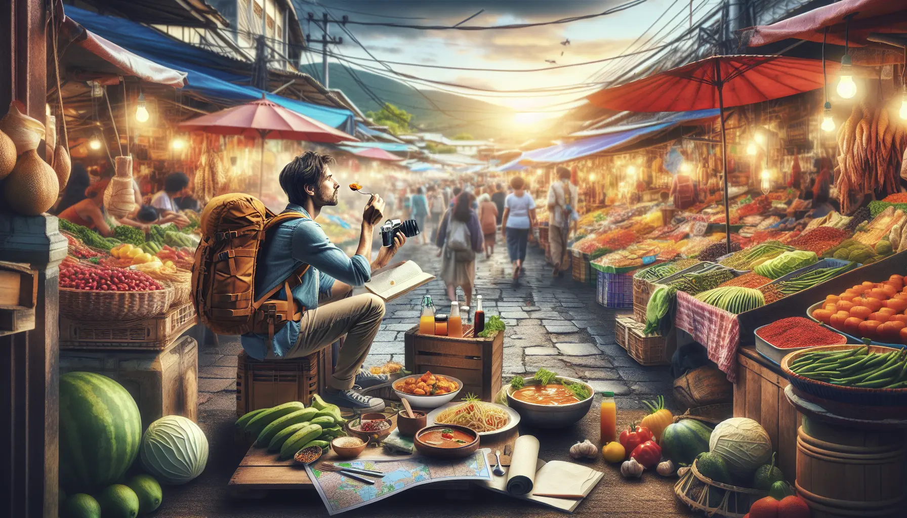 Un piatto tradizionale servito in un ristorante locale, circondato da ingredienti freschi e colorati.