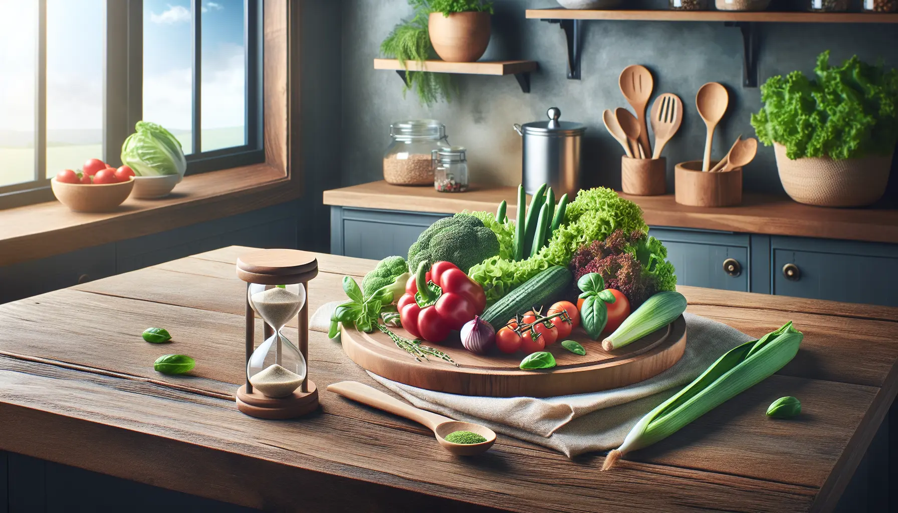 Varietà di ingredienti freschi e stagionali su un tavolo di legno